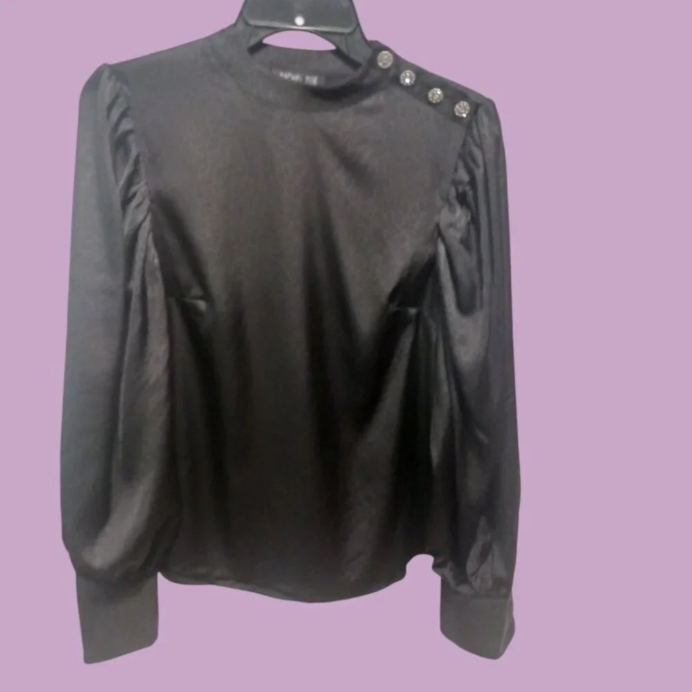 Rachel Zoe Womens Black Satin Long Sleeve Blouse With Rhinestone Buttons XSmall